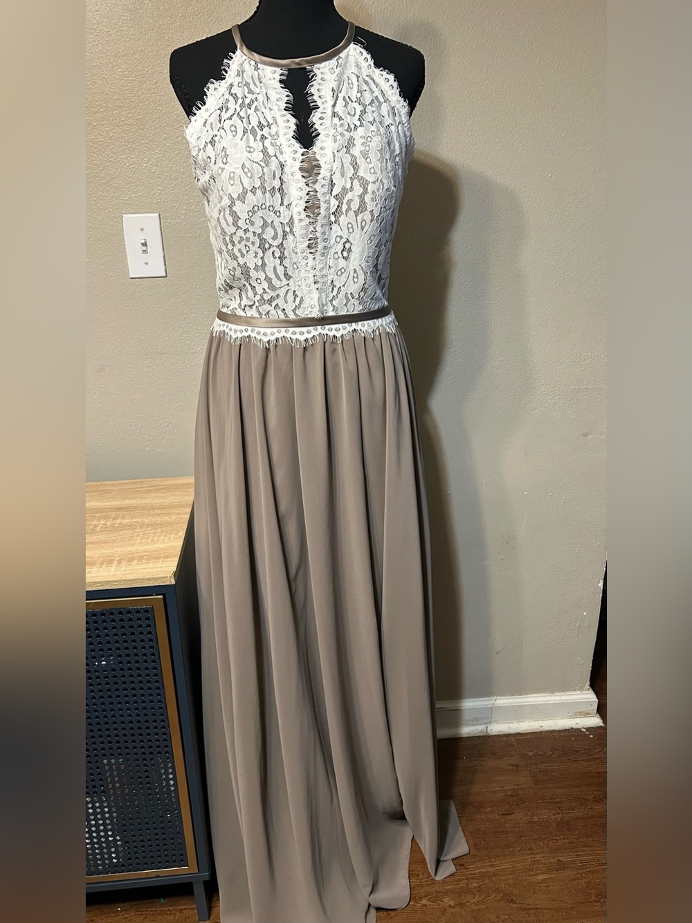 Christina Wu Celebrations 22763 Size 8 Ivory Lace Taupe Maxi Formal Gown
